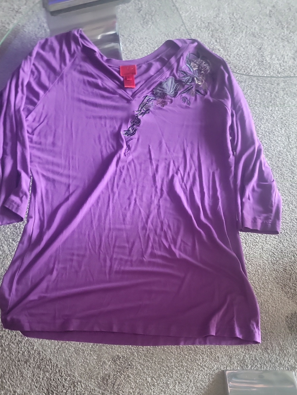 V Cristina Purple V-Neck Long Sleeve Tee with Diagonal Floral Embroidery
